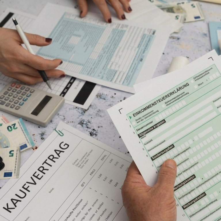 Hände halten Dokumente, darunter Kaufvertrag und Finanzunterlagen, mit Geldscheinen und einen Taschenrechner.